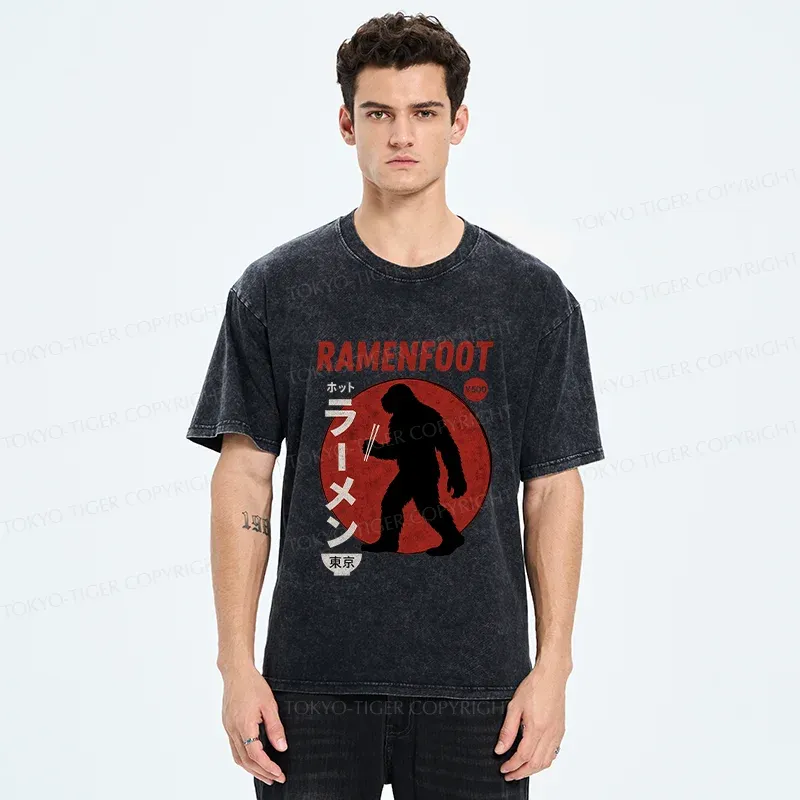 Tokyo-Tiger Bigfoot Eats Ramen Washed T-Shirt
