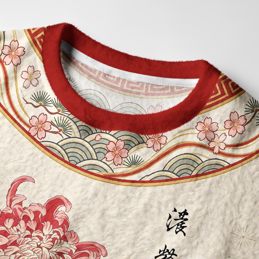Tokyo-Tiger Vintage Red Chrysanthemum Flower Fuzzy Christmas Ugly Sweatshirt