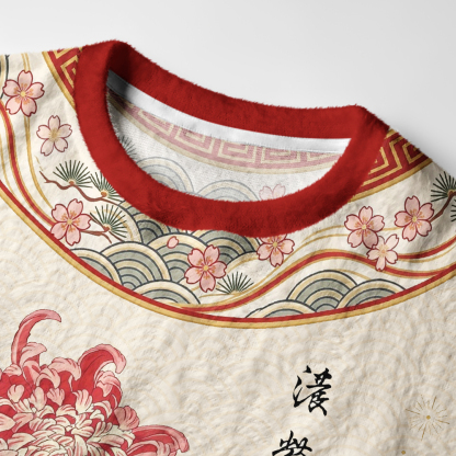 Tokyo-Tiger Vintage Red Chrysanthemum Flower Fuzzy Christmas Ugly Sweatshirt