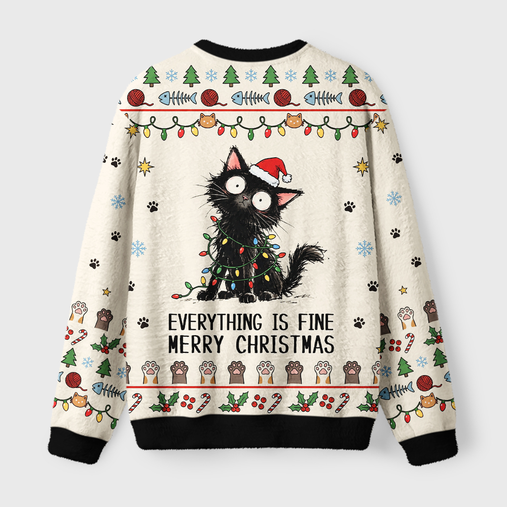 Tokyo-Tiger It's Fine Black Cat Meme Fuzzy Christmas Ugly Sweatshirt