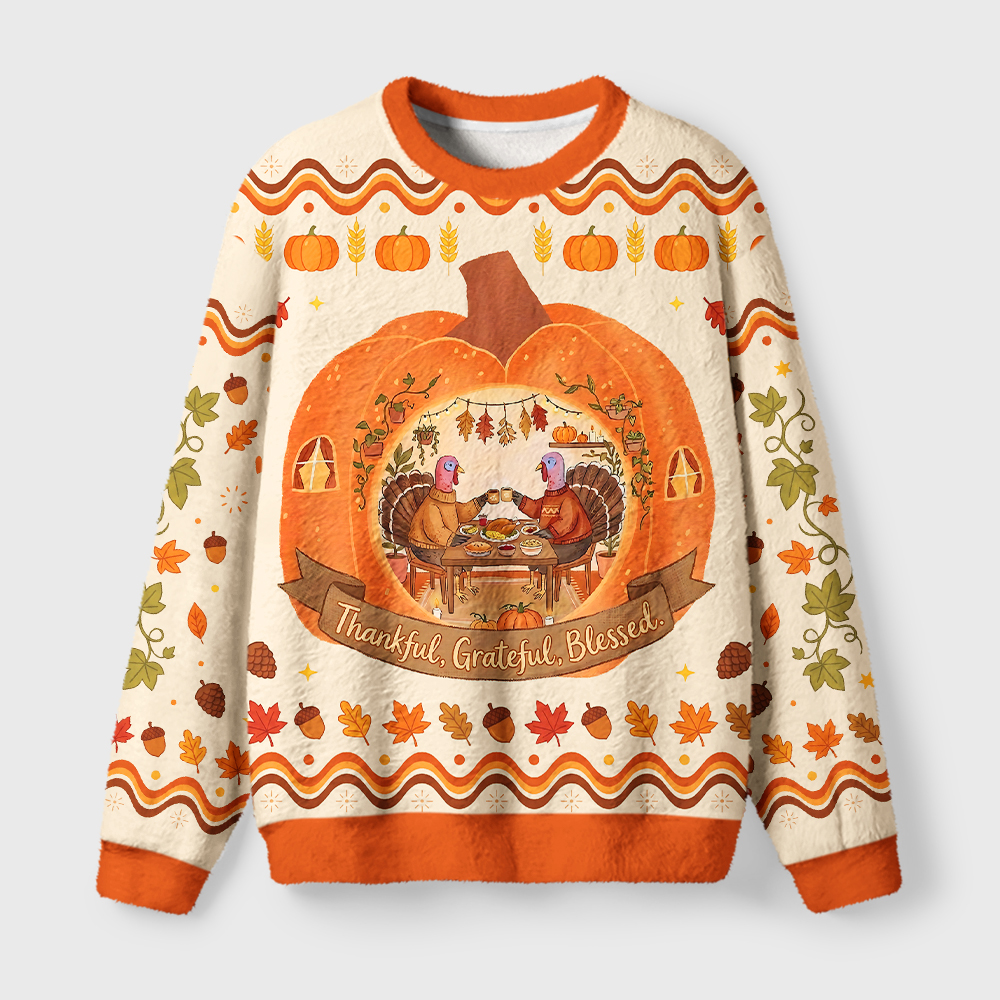 Tokyo-Tiger Pumpkin House Turkey Celebration Fuzzy Christmas Ugly Sweatshirt