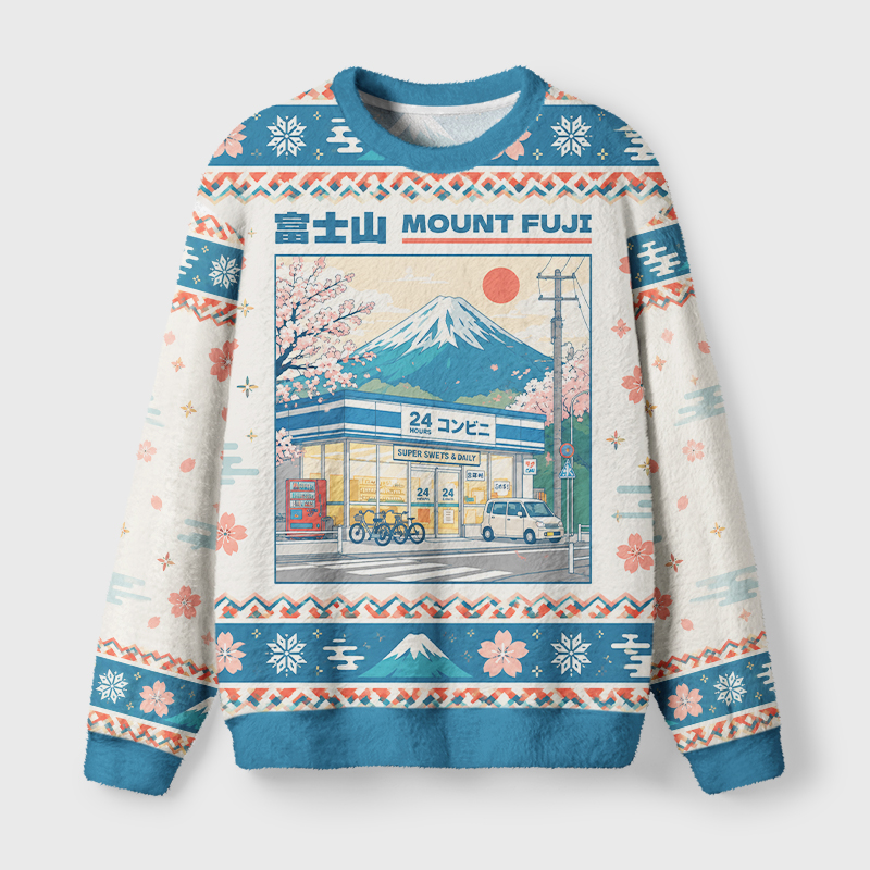 Tokyo-Tiger Mount Fuji Japanese Convenience Store Fuzzy Christmas Ugly Sweatshirt