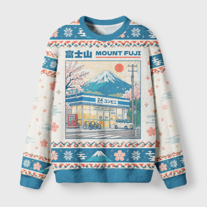 Tokyo-Tiger Mount Fuji Japanese Convenience Store Fuzzy Christmas Ugly Sweatshirt