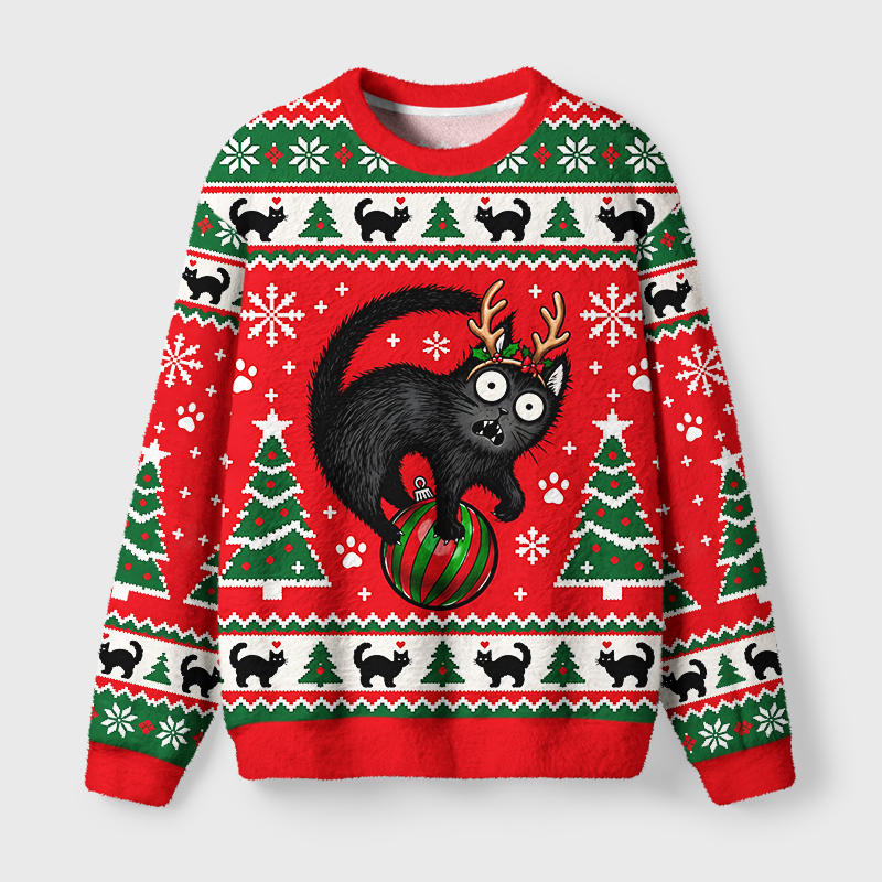 Tokyo-Tiger Black Cat Playing With Christmas Bauble Fuzzy Christmas Ugly Sweatshirt