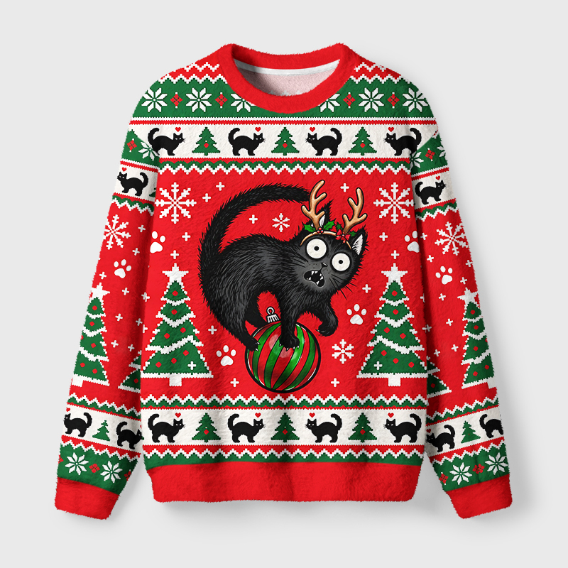 Tokyo-Tiger Black Cat Playing With Christmas Bauble Fuzzy Christmas Ugly Sweatshirt