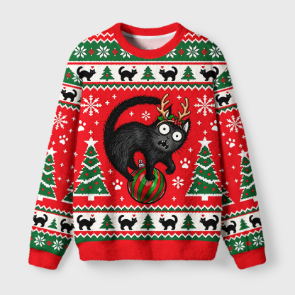 Tokyo-Tiger Black Cat Playing With Christmas Bauble Fuzzy Christmas Ugly Sweatshirt
