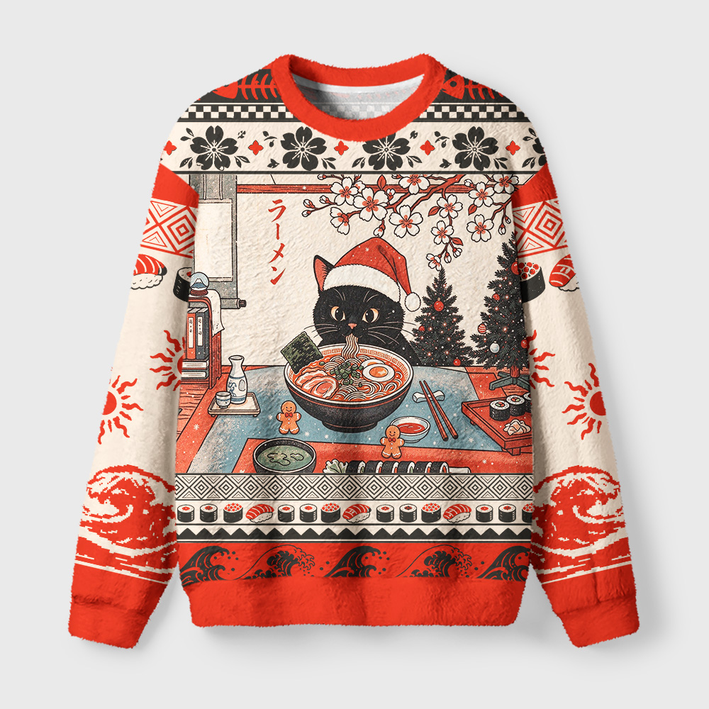 Tokyo-Tiger Ukiyo-e Santa Cat Ramen Fuzzy Christmas Ugly Sweatshirt