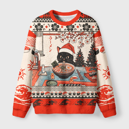 Tokyo-Tiger Ukiyo-e Santa Cat Ramen Fuzzy Christmas Ugly Sweatshirt