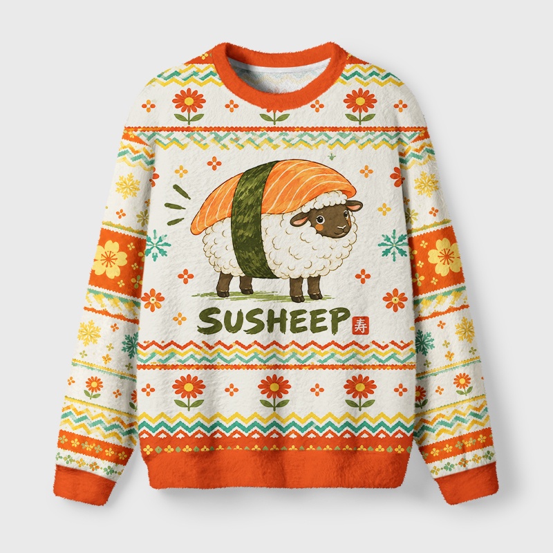 Tokyo-Tiger Cute Sushi Sheep Fuzzy Christmas Ugly Sweatshirt