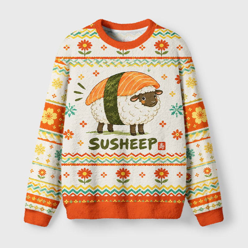 Tokyo-Tiger Cute Sushi Sheep Fuzzy Christmas Ugly Sweatshirt