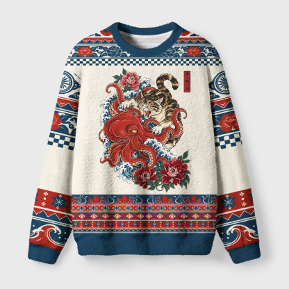 Tokyo-Tiger Ukiyo Style Cat Fighting Octopus Fuzzy Christmas Ugly Sweatshirt