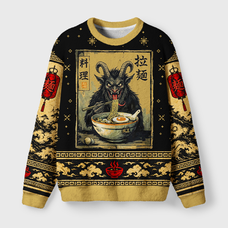 Tokyo-Tiger Vintage Krampus Eating Ramen Art Fuzzy Christmas Ugly Sweatshirt