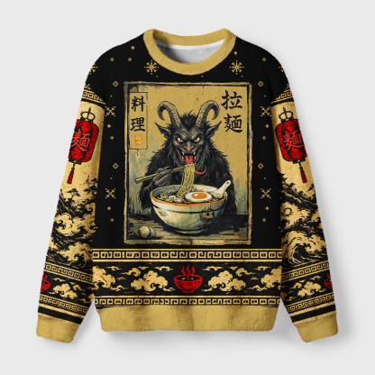 Tokyo-Tiger Vintage Krampus Eating Ramen Art Fuzzy Christmas Ugly Sweatshirt