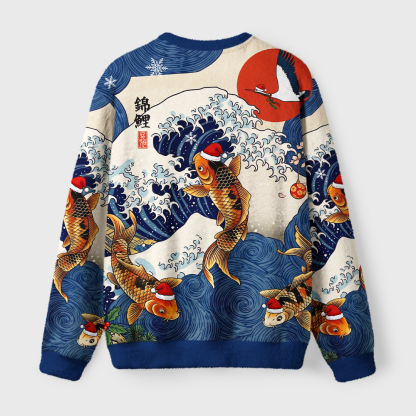 Tokyo-Tiger Koi And Waves Fuzzy Christmas Ugly Sweatshirt