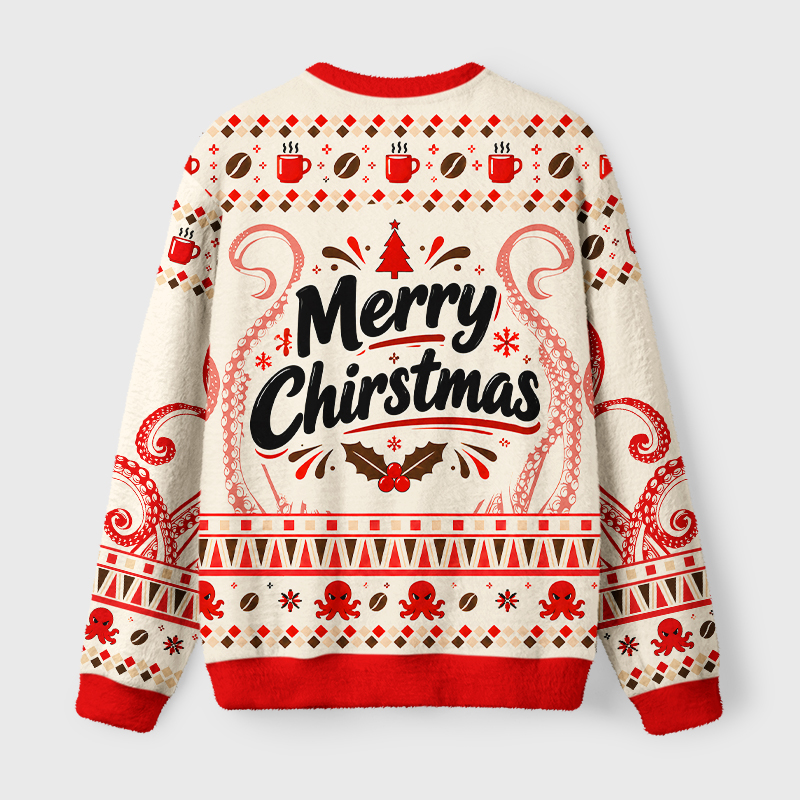 Tokyo-Tiger Funny Octopus Coffee Light String Fuzzy Christmas Ugly Sweatshirt