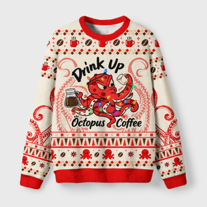 Tokyo-Tiger Funny Octopus Coffee Light String Fuzzy Christmas Ugly Sweatshirt