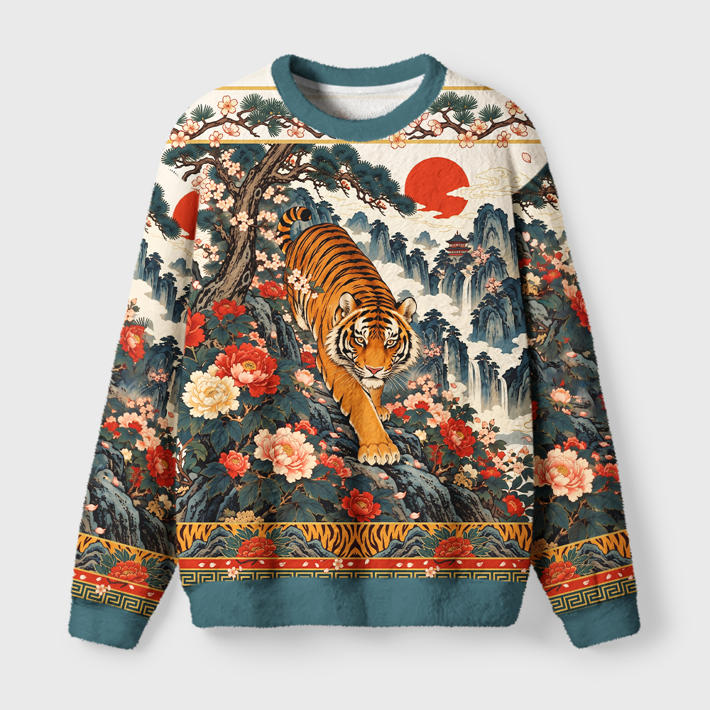 Tokyo-Tiger Vintage Ukiyo Wild Tiger Floral Graphic Fuzzy Christmas Ugly Sweatshirt