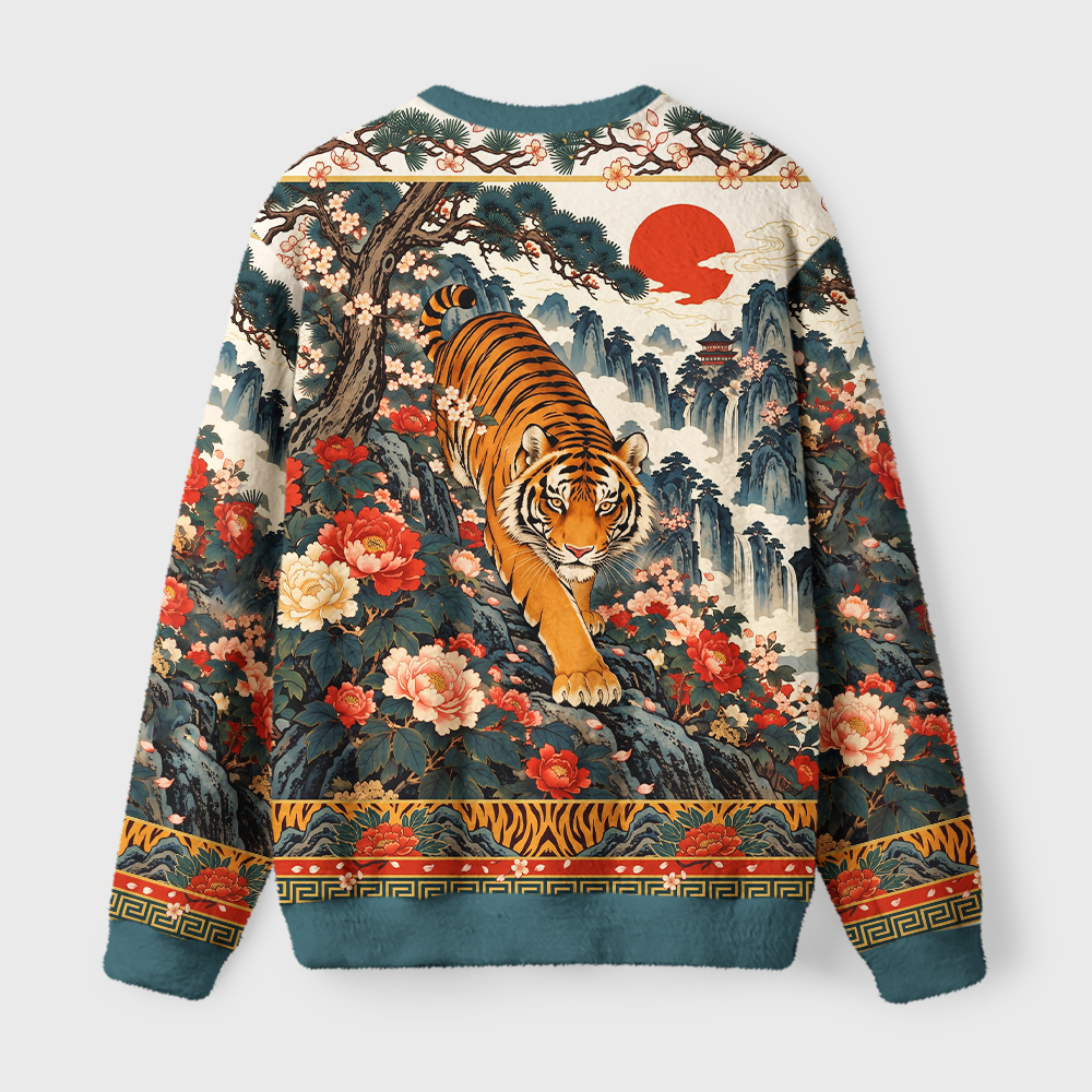 Tokyo-Tiger Vintage Ukiyo Wild Tiger Floral Graphic Fuzzy Christmas Ugly Sweatshirt