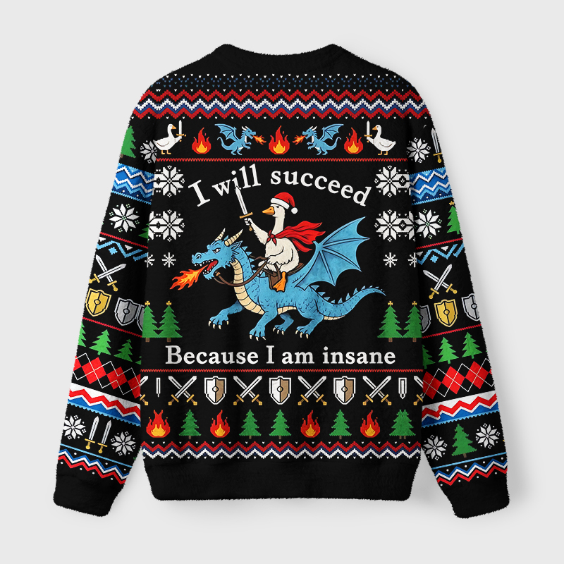 Tokyo-Tiger Funny Warrior Goose Riding Dragon Meme Fuzzy Christmas Ugly Sweatshirt