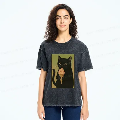 Tokyo-Tiger Kitten Rating Ice Cream Washed T-Shirt