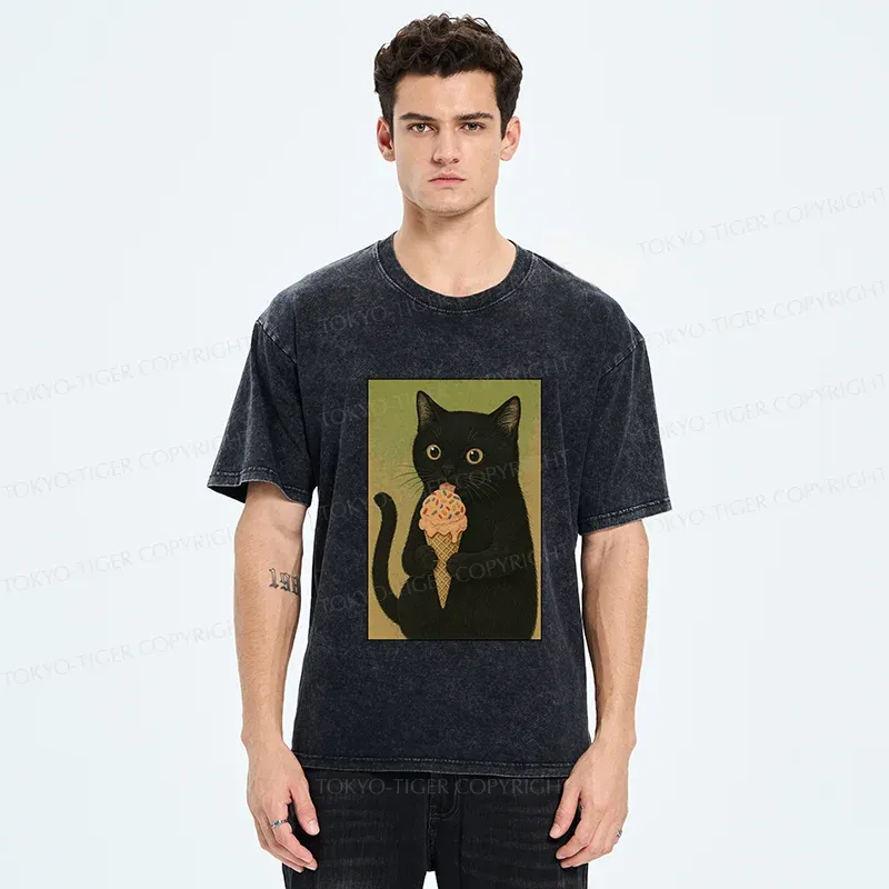 Tokyo-Tiger Kitten Rating Ice Cream Washed T-Shirt
