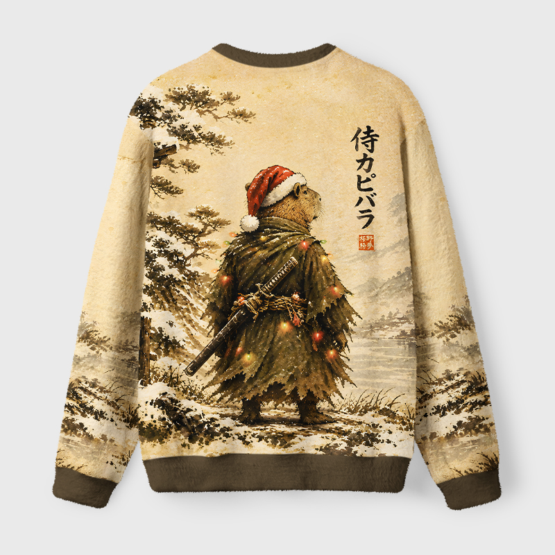 Tokyo-Tiger Japanese Vintage Samurai Capybara Fuzzy Christmas Ugly Sweatshirt