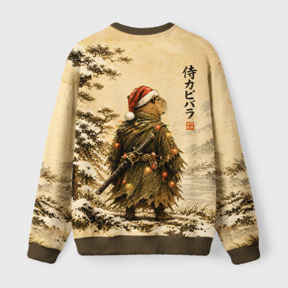 Tokyo-Tiger Japanese Vintage Samurai Capybara Fuzzy Christmas Ugly Sweatshirt