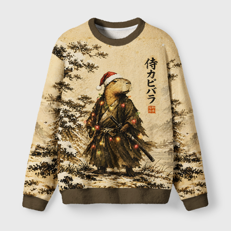 Tokyo-Tiger Japanese Vintage Samurai Capybara Fuzzy Christmas Ugly Sweatshirt
