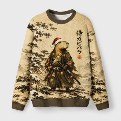 Tokyo-Tiger Japanese Vintage Samurai Capybara Fuzzy Christmas Ugly Sweatshirt