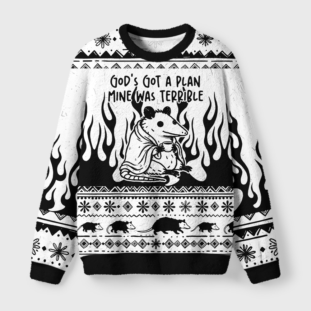 Tokyo-Tiger Chill Coffee Opossum Fuzzy Christmas Ugly Sweatshirt