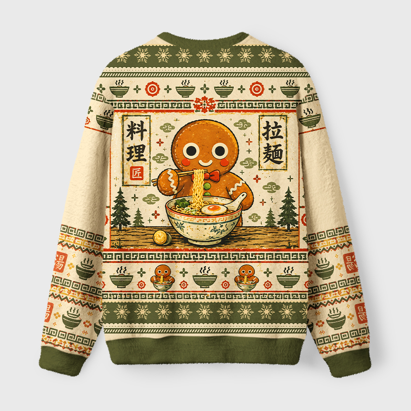 Tokyo-Tiger Gingerbread Man Eating Ramen Fuzzy Christmas Ugly Sweatshirt