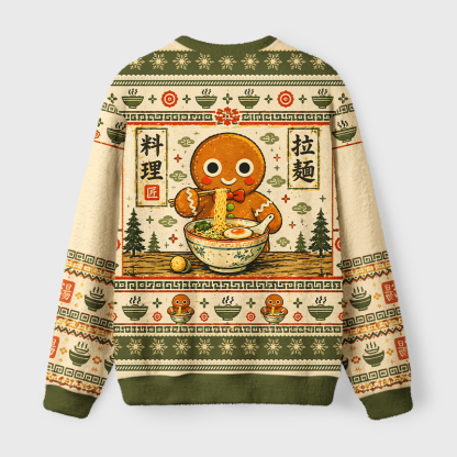 Tokyo-Tiger Gingerbread Man Eating Ramen Fuzzy Christmas Ugly Sweatshirt