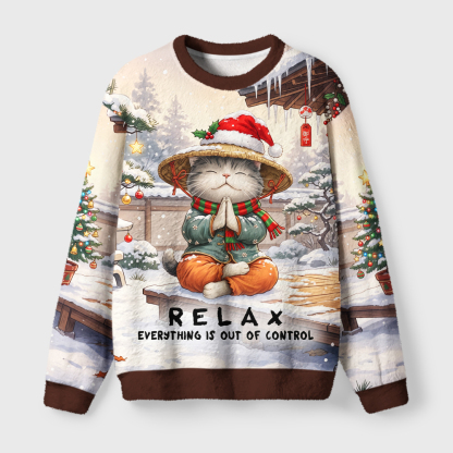 Tokyo-Tiger Zen Relax Cat Graphic Fuzzy Christmas Ugly Sweatshirt