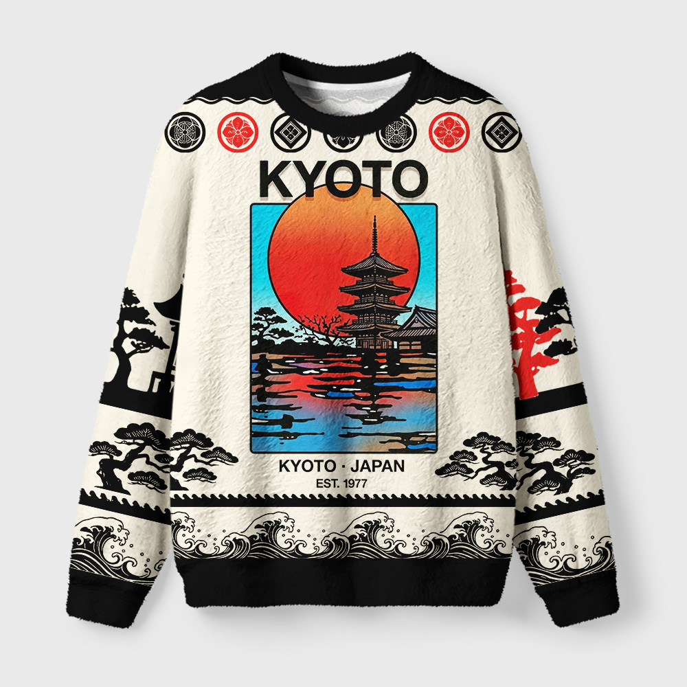 Tokyo-Tiger Japanese Temple Sunset Art Fuzzy Christmas Ugly Sweatshirt