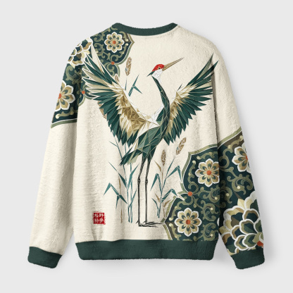 Tokyo-Tiger Geometric Crane Oriental Art Fuzzy Christmas Ugly Sweatshirt