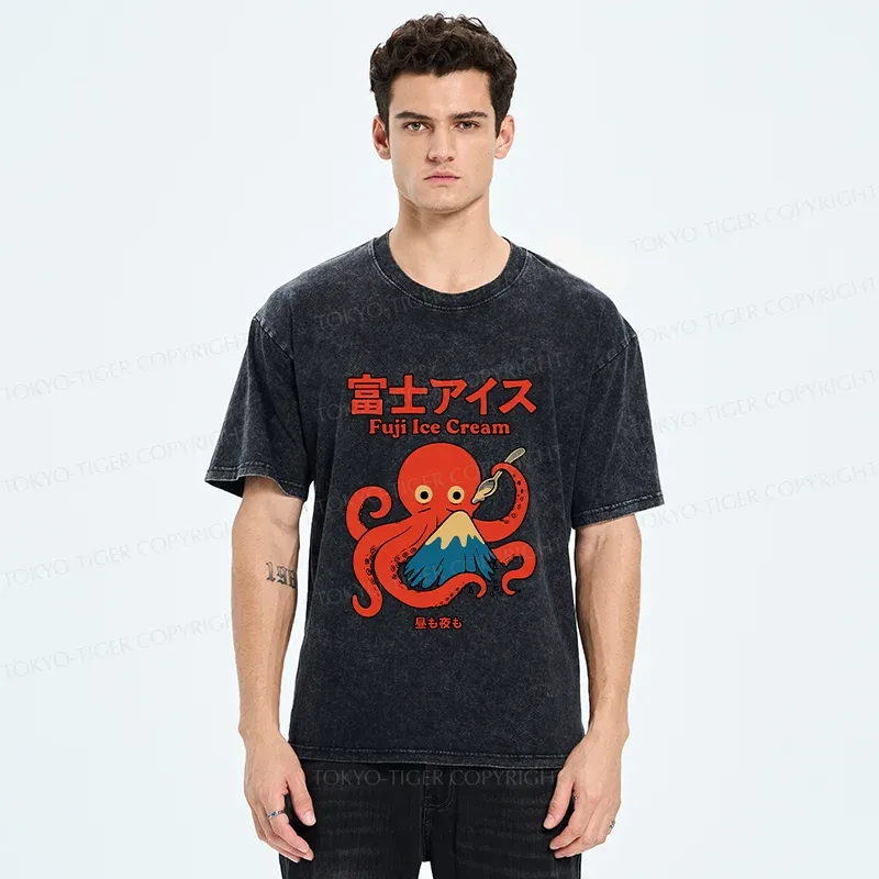 Tokyo-Tiger Octopus Eating Mount Fuji Washed T-Shirt