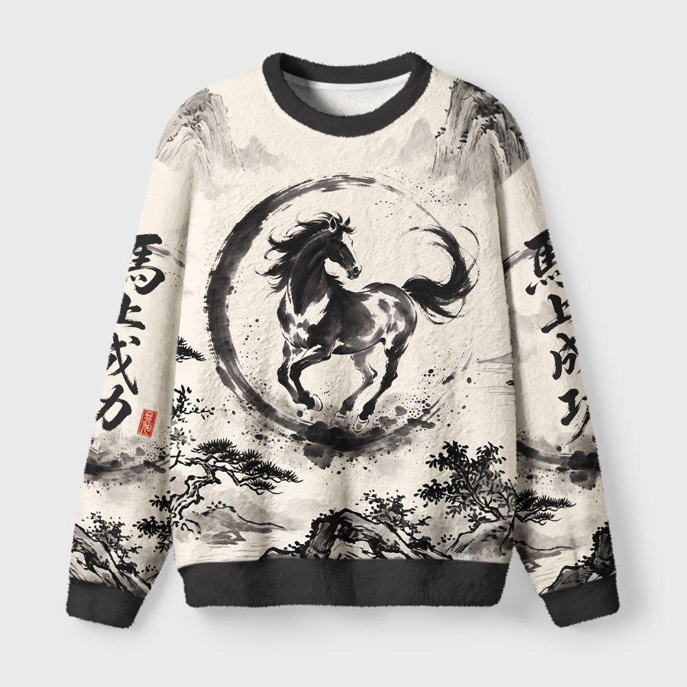 Tokyo-Tiger Traditional Ink Horse Graphic Fuzzy Christmas Ugly Sweatshirt