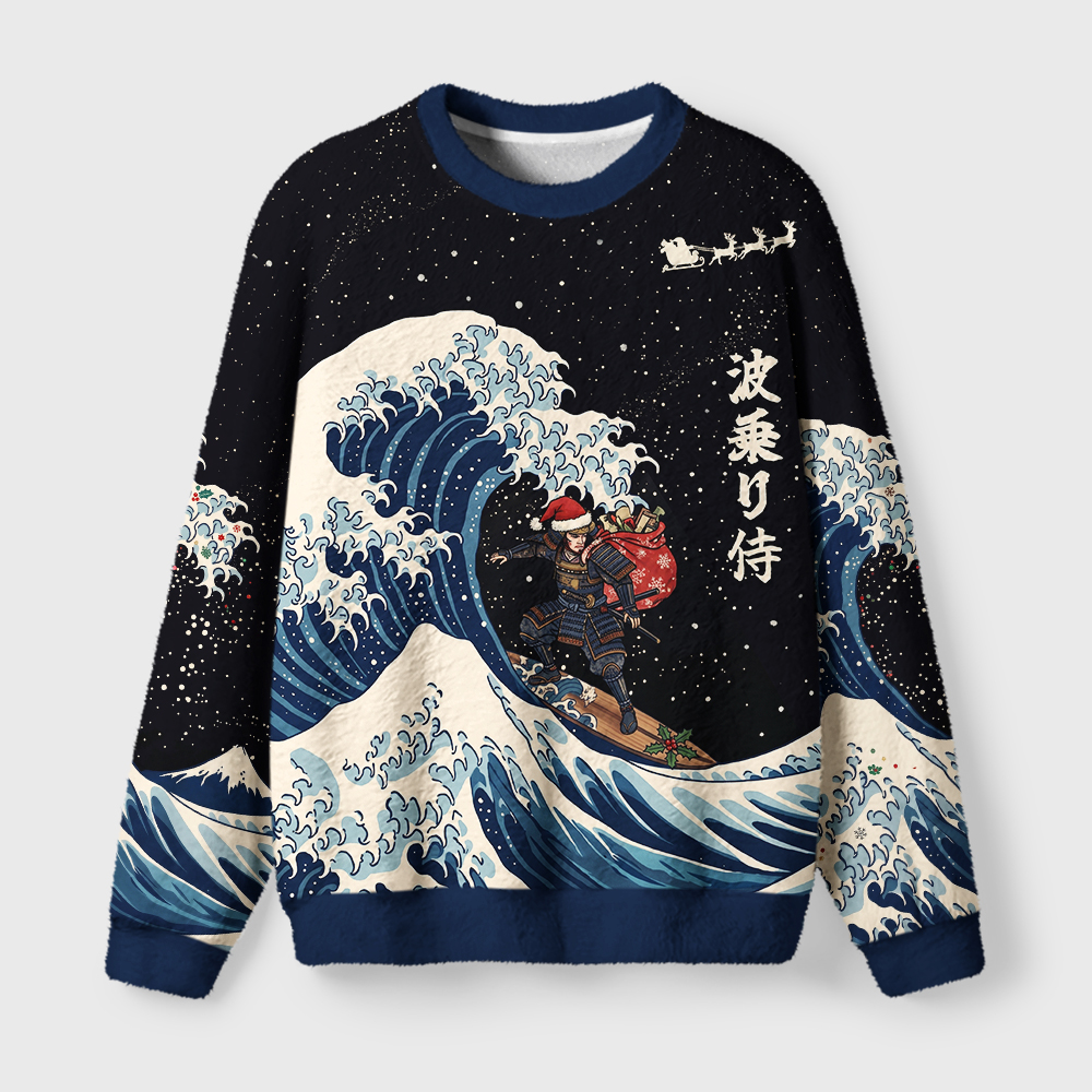 Tokyo-Tiger Samurai Wave Fuzzy Christmas Ugly Sweatshirt