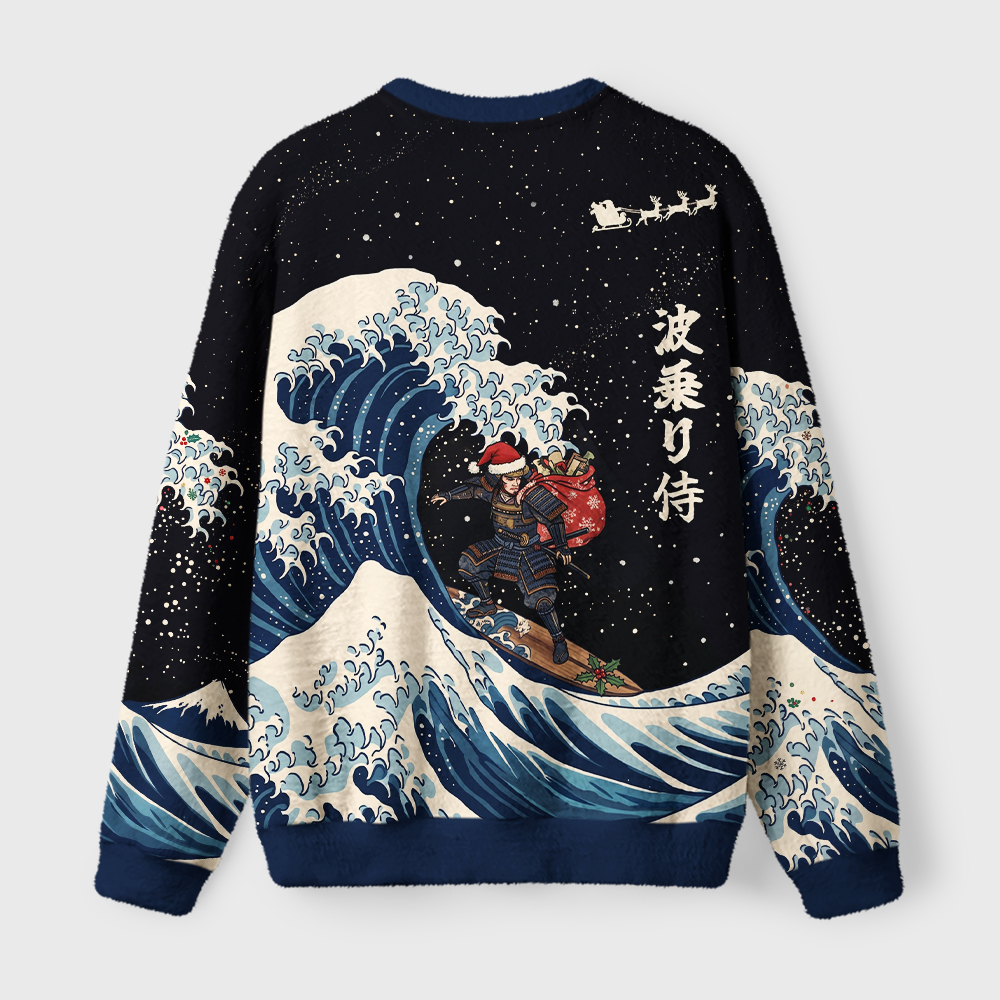 Tokyo-Tiger Samurai Wave Fuzzy Christmas Ugly Sweatshirt