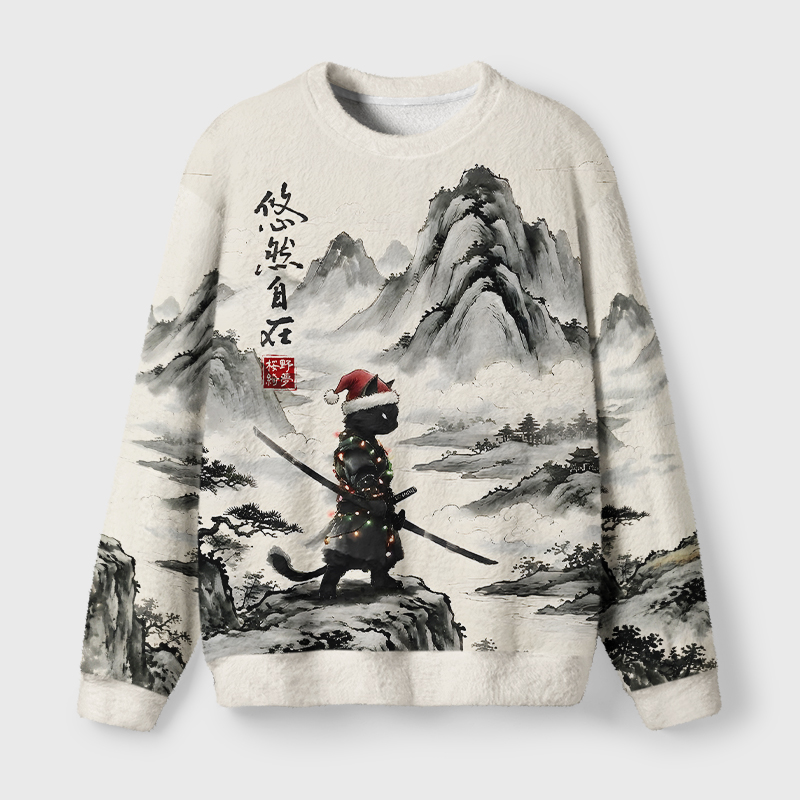 Tokyo-Tiger Serene Ink Art Samurai Cat Fuzzy Christmas Ugly Sweatshirt