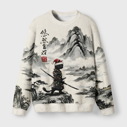 Tokyo-Tiger Serene Ink Art Samurai Cat Fuzzy Christmas Ugly Sweatshirt