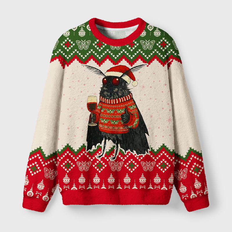 Tokyo-Tiger Funny Mothman Drinking Wine Fuzzy Christmas Ugly Sweatshirt