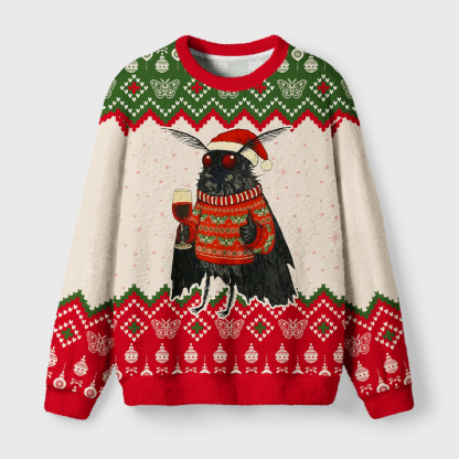 Tokyo-Tiger Funny Mothman Drinking Wine Fuzzy Christmas Ugly Sweatshirt