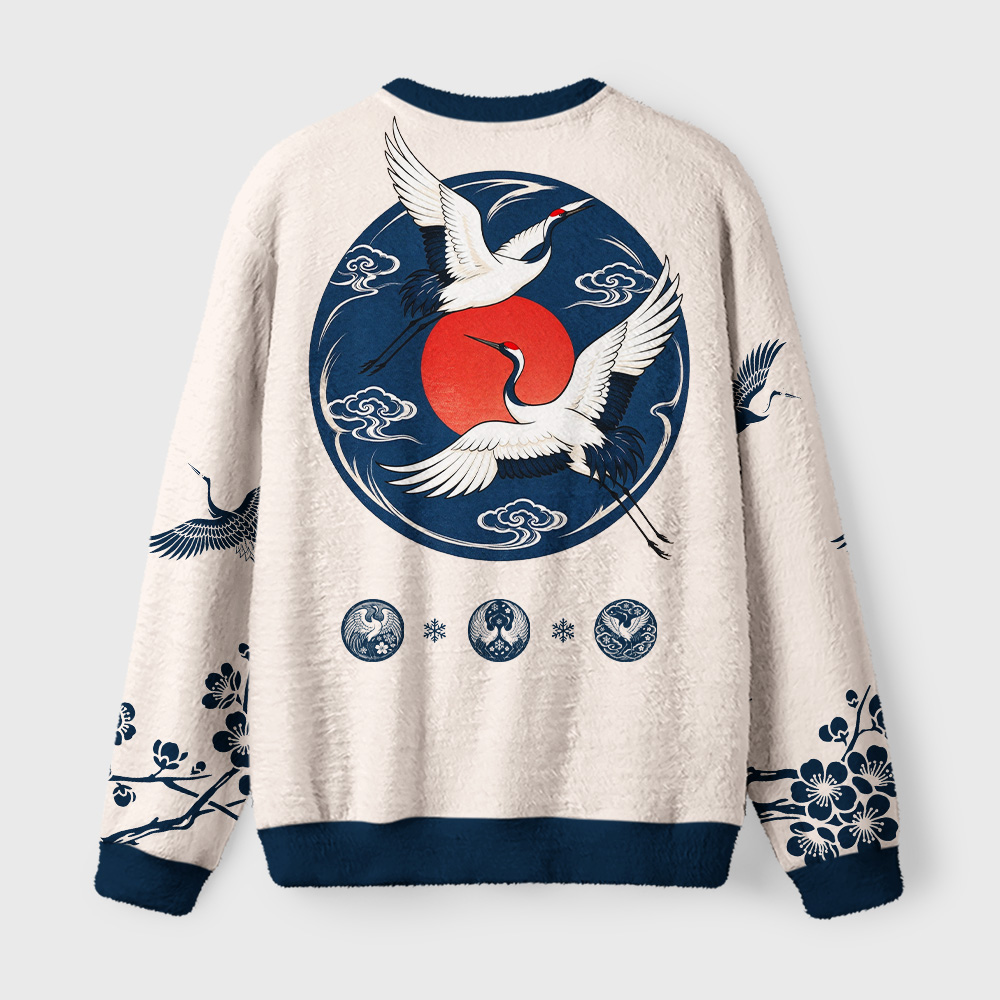 Tokyo-Tiger Sunrise Cranes Fuzzy Christmas Ugly Sweatshirt