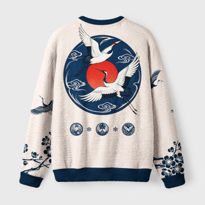 Tokyo-Tiger Sunrise Cranes Fuzzy Christmas Ugly Sweatshirt