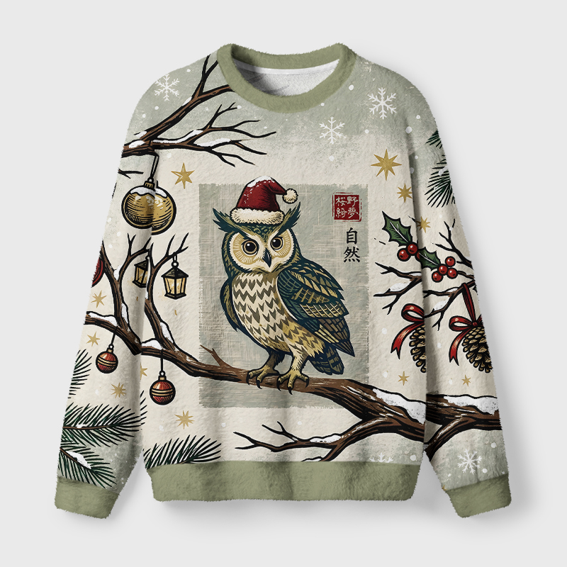 Tokyo-Tiger Vintage Woodcut Owl on Snow Branch Fuzzy Christmas Ugly Sweatshirt
