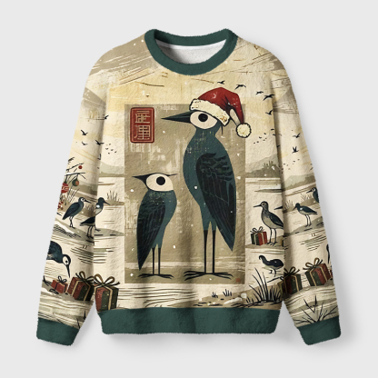 Tokyo-Tiger Christmas Herons By The Winter River Fuzzy Christmas Ugly Sweatshirt