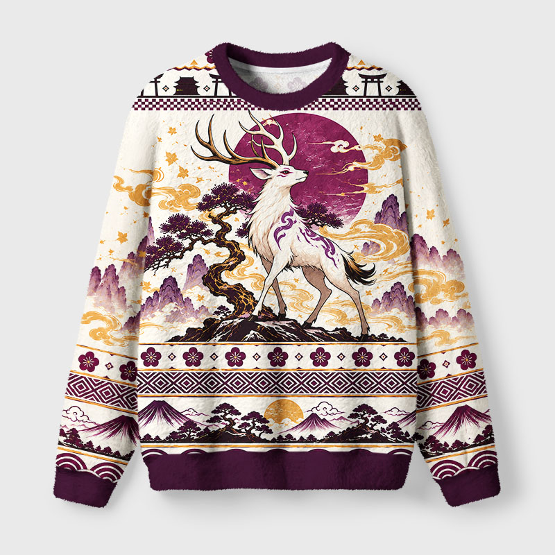 Tokyo-Tiger Mystic Japanese Deer Fuzzy Christmas Ugly Sweatshirt