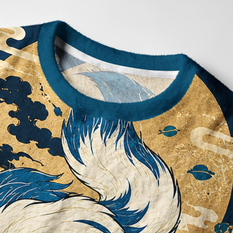 Tokyo-Tiger Cloud Blue Fox Art Fuzzy Christmas Ugly Sweatshirt