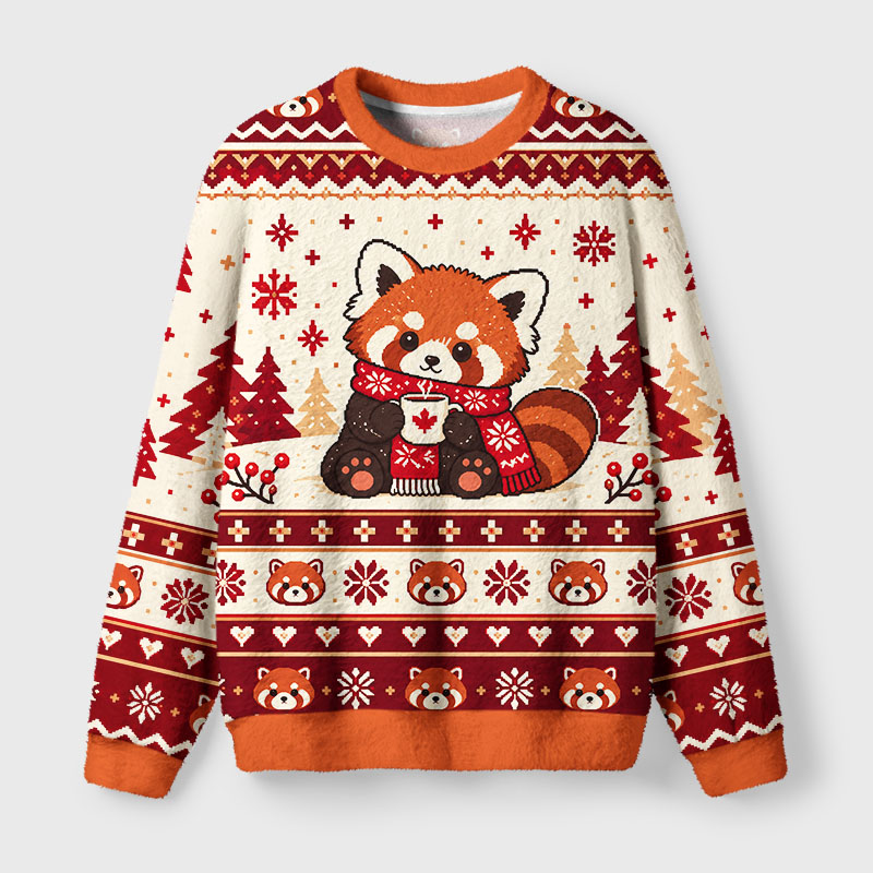 Tokyo-Tiger Sipping Coffee Red Panda Fuzzy Christmas Ugly Sweatshirt
